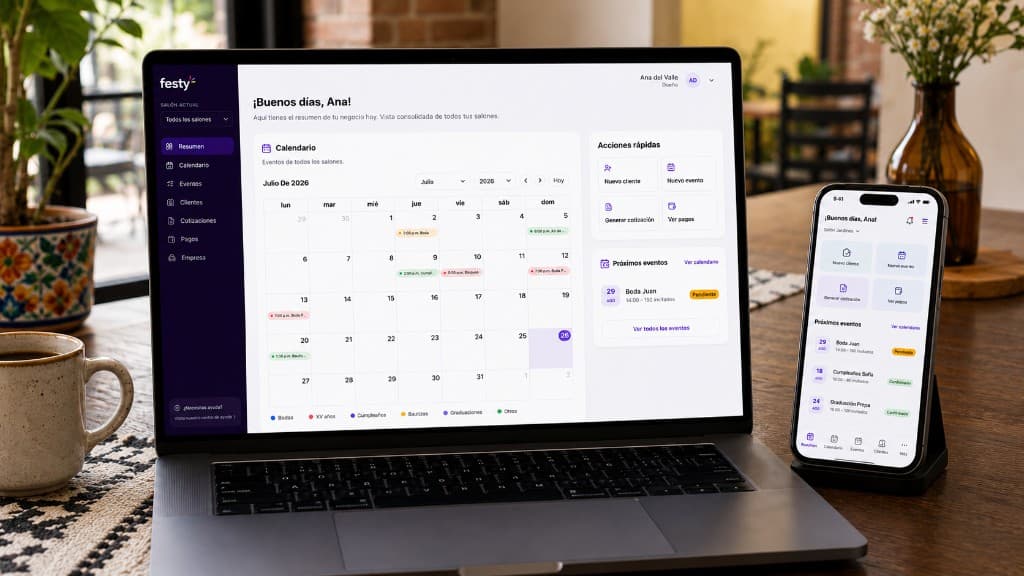 Laptop y celular mostrando el resumen de Festy con calendario y próximos eventos